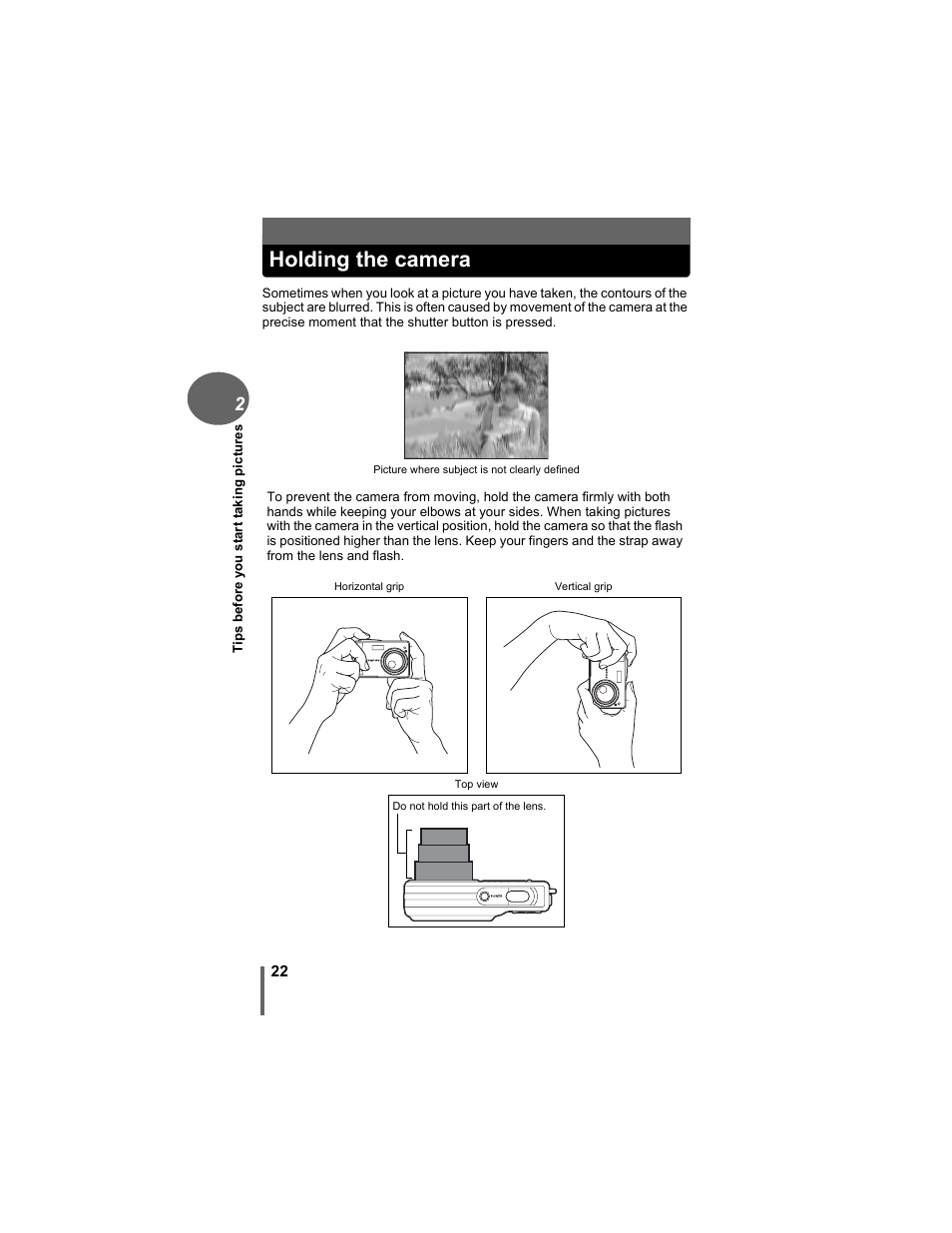 Holding the camera | Olympus D-630 Zoom User Manual | Page 22 / 134