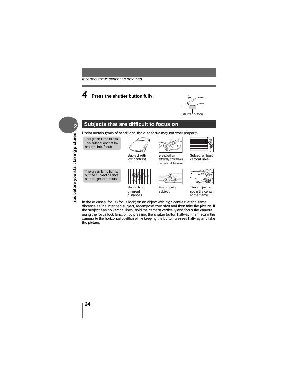 Subjects that are difficult to focus on | Olympus D-630 Zoom User Manual | Page 24 / 134