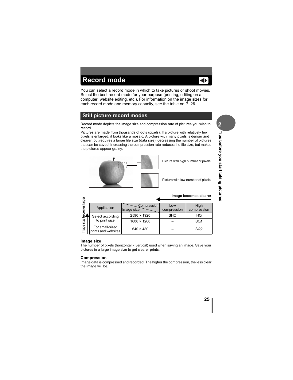 Record mode, Still picture record modes, Gp. 25 | Olympus D-630 Zoom User Manual | Page 25 / 134