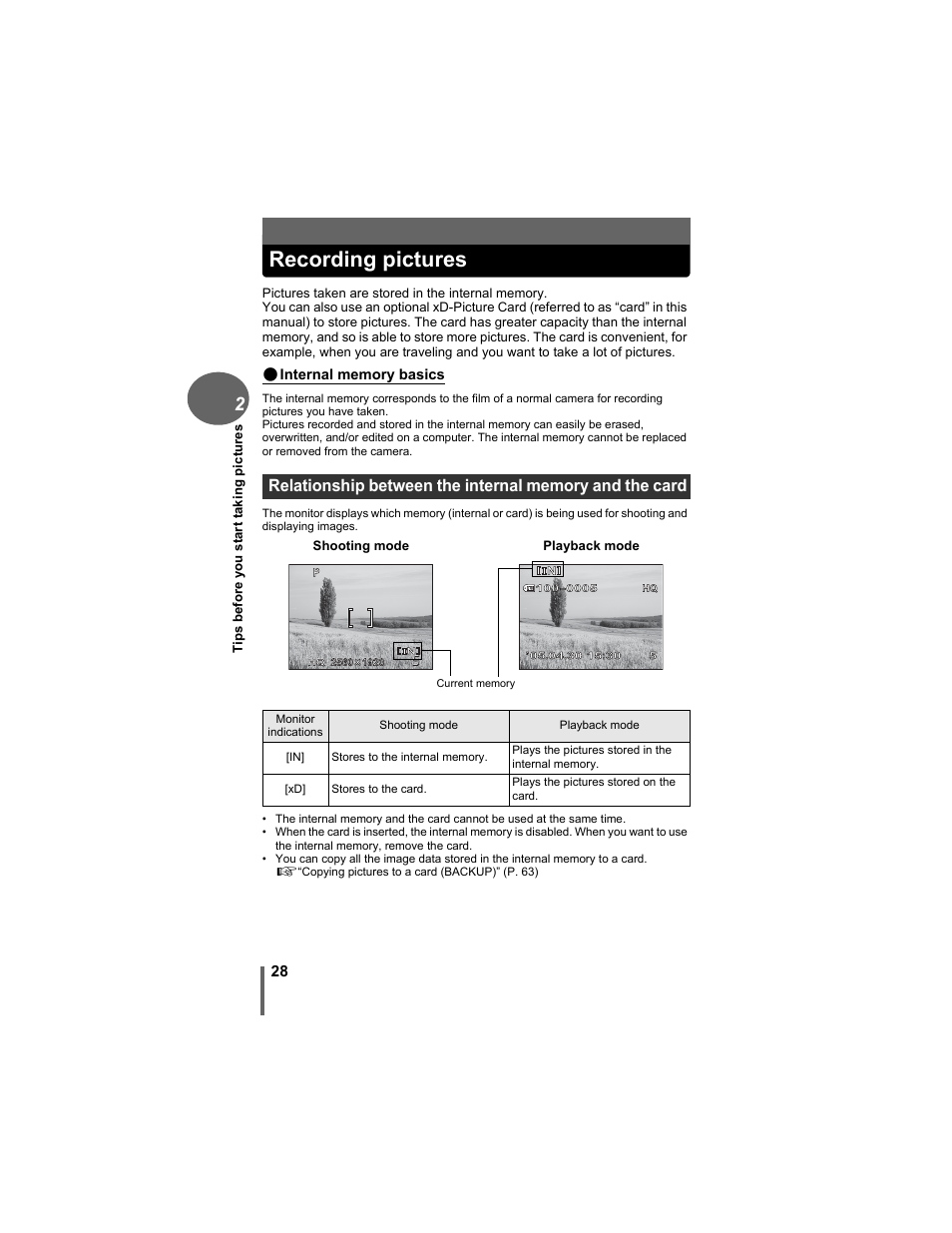 Recording pictures | Olympus D-630 Zoom User Manual | Page 28 / 134