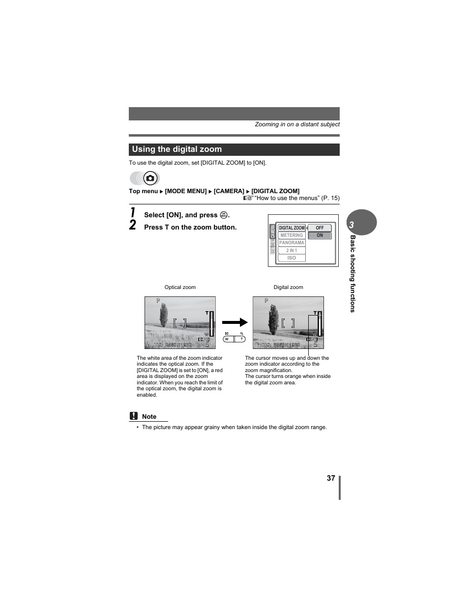 Using the digital zoom | Olympus D-630 Zoom User Manual | Page 37 / 134