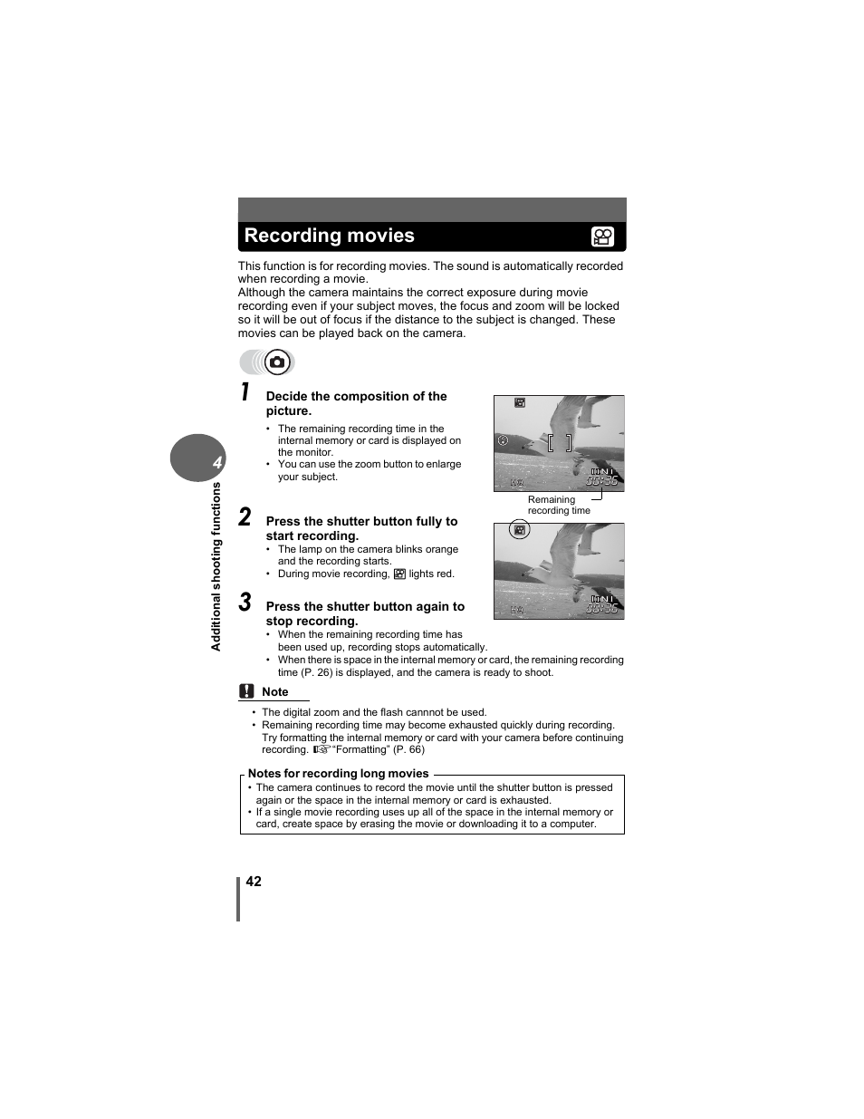 Recording movies | Olympus D-630 Zoom User Manual | Page 42 / 134