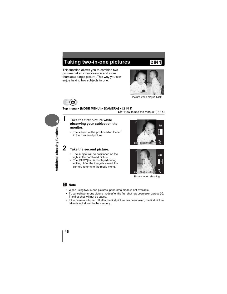 Taking two-in-one pictures, 2 in 1 | Olympus D-630 Zoom User Manual | Page 46 / 134