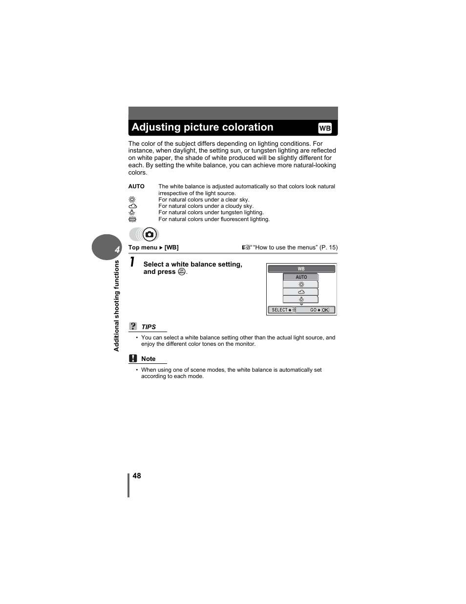 Adjusting picture coloration, Gp. 48 | Olympus D-630 Zoom User Manual | Page 48 / 134