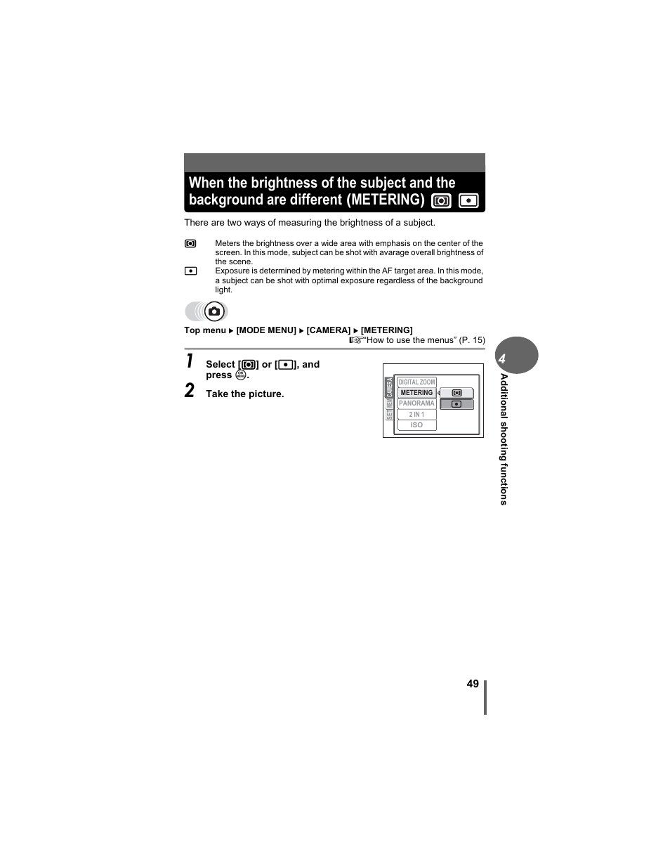 Different (metering) | Olympus D-630 Zoom User Manual | Page 49 / 134