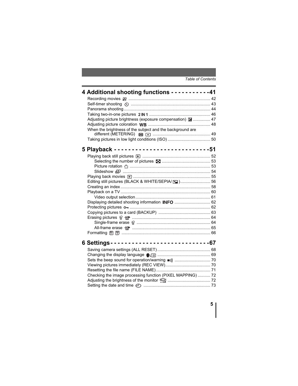 4 additional shooting functions, 5 playback, 6 settings | Olympus D-630 Zoom User Manual | Page 5 / 134