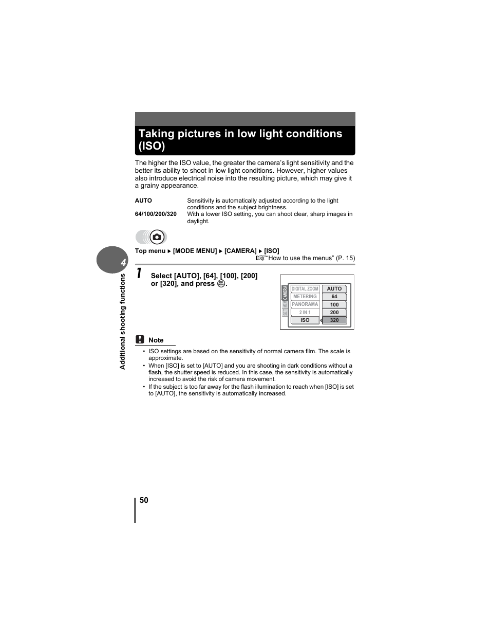 Taking pictures in low light conditions (iso) | Olympus D-630 Zoom User Manual | Page 50 / 134