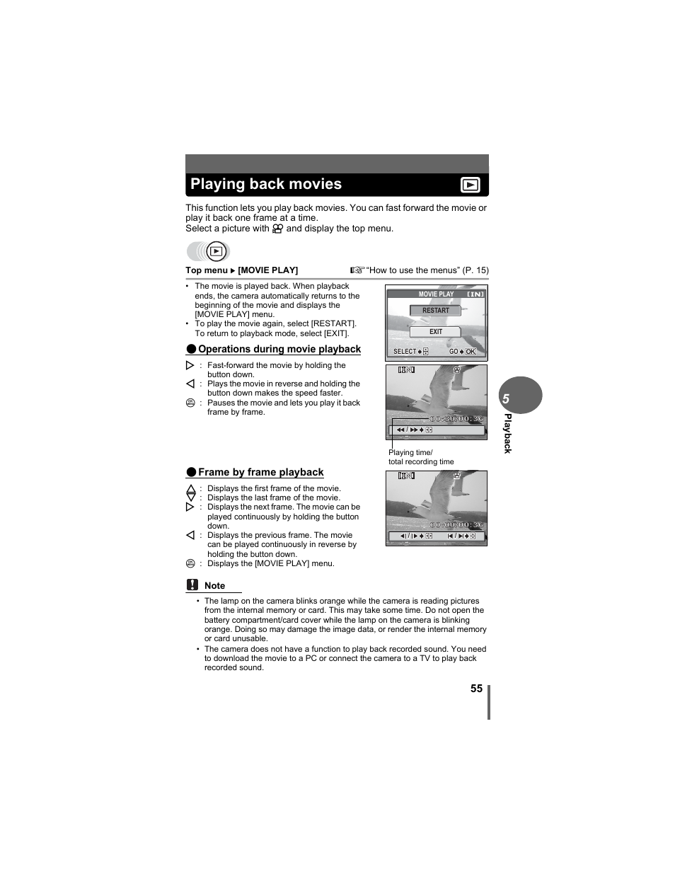 Playing back movies, P. 55 | Olympus D-630 Zoom User Manual | Page 55 / 134