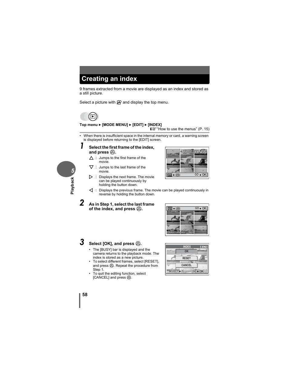 Creating an index | Olympus D-630 Zoom User Manual | Page 58 / 134