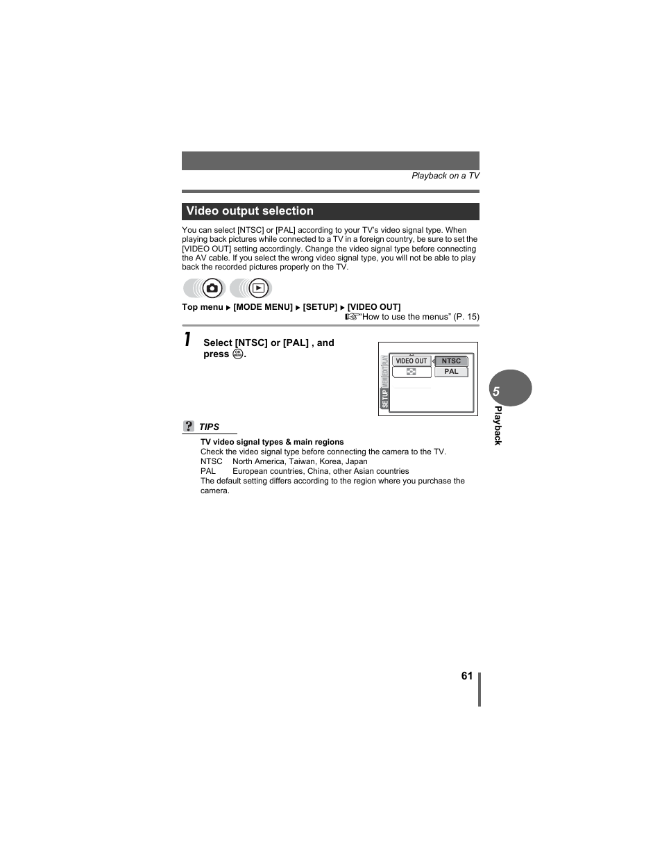 Video output selection | Olympus D-630 Zoom User Manual | Page 61 / 134