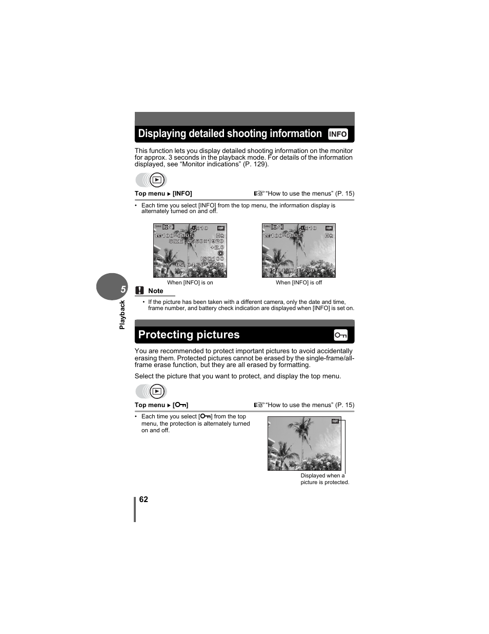 Displaying detailed shooting information, Protecting pictures, P. 62 | Olympus D-630 Zoom User Manual | Page 62 / 134