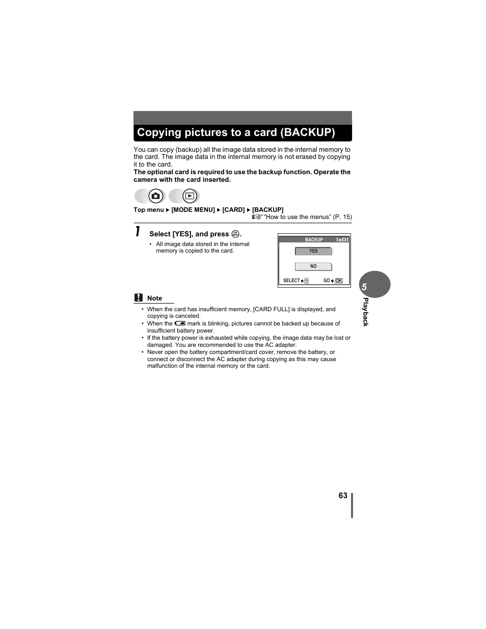 Copying pictures to a card (backup) | Olympus D-630 Zoom User Manual | Page 63 / 134