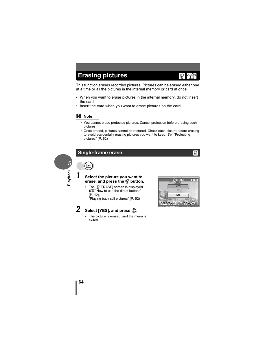 Erasing pictures, Single-frame erase | Olympus D-630 Zoom User Manual | Page 64 / 134