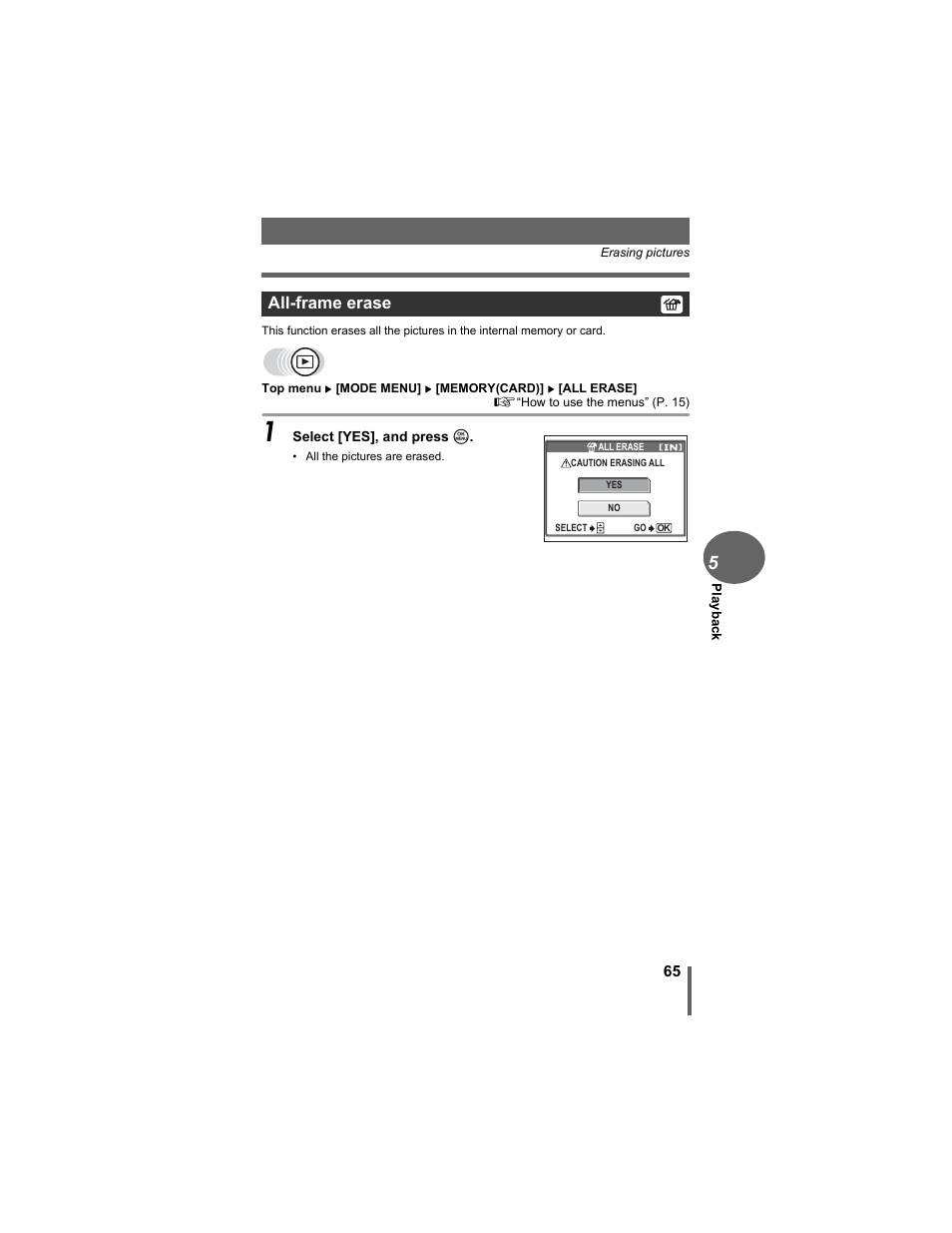 All-frame erase | Olympus D-630 Zoom User Manual | Page 65 / 134