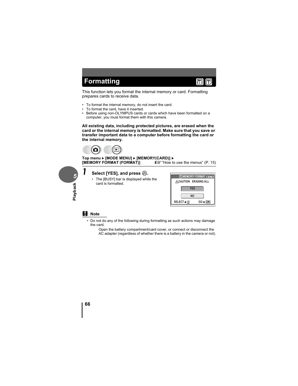 Formatting | Olympus D-630 Zoom User Manual | Page 66 / 134