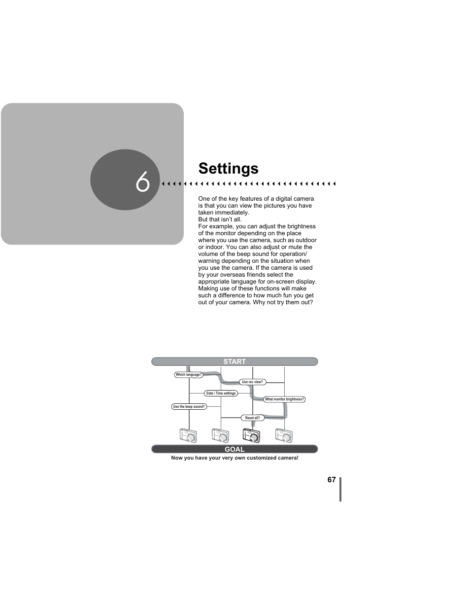 6 settings, Settings, P. 67 | Olympus D-630 Zoom User Manual | Page 67 / 134