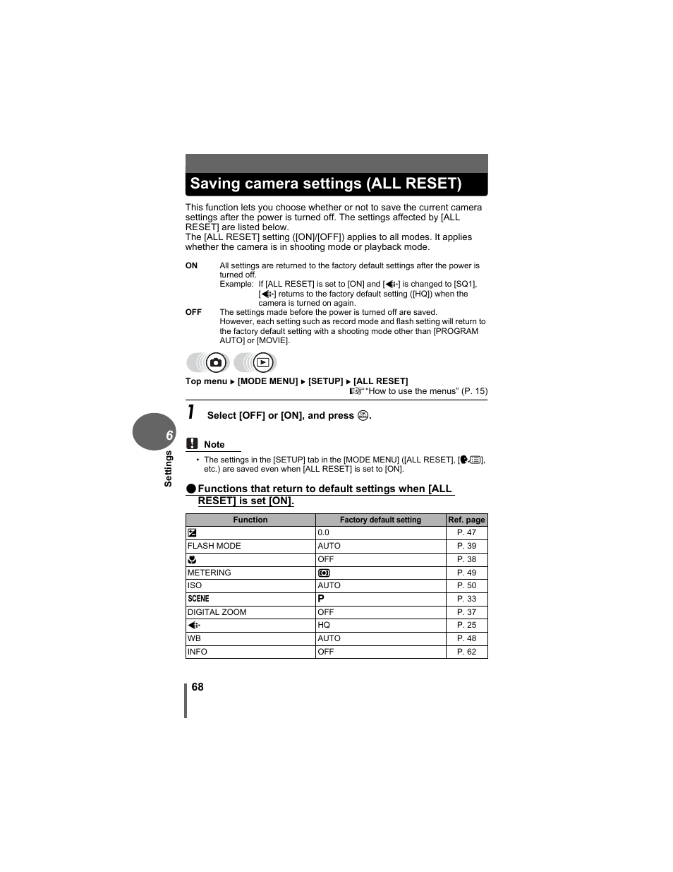 Saving camera settings (all reset) | Olympus D-630 Zoom User Manual | Page 68 / 134