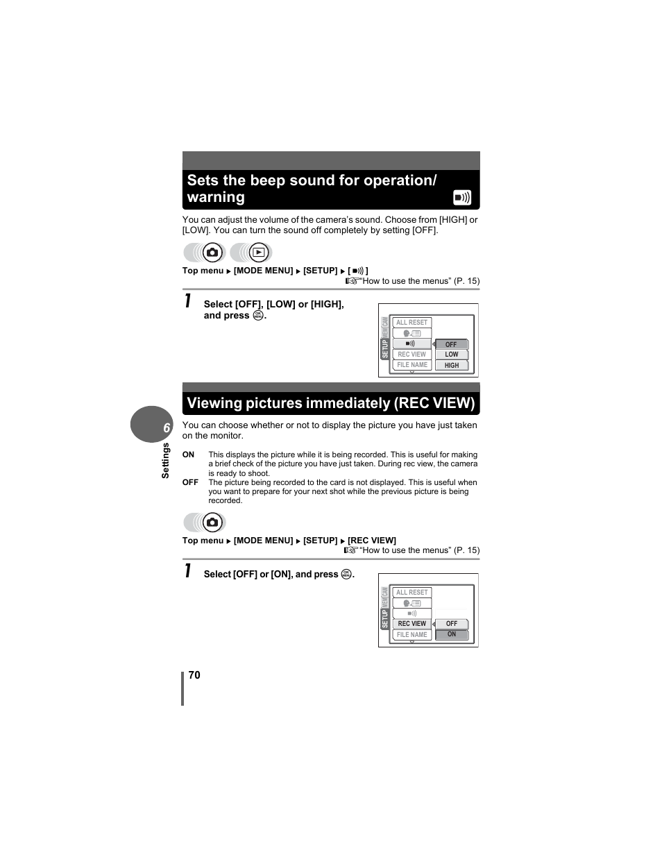 Sets the beep sound for operation/warning, Viewing pictures immediately (rec view), Sets the beep sound for operation/ warning | Olympus D-630 Zoom User Manual | Page 70 / 134