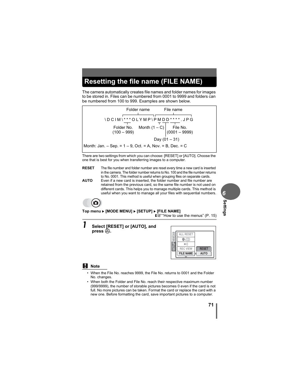 Resetting the file name (file name) | Olympus D-630 Zoom User Manual | Page 71 / 134