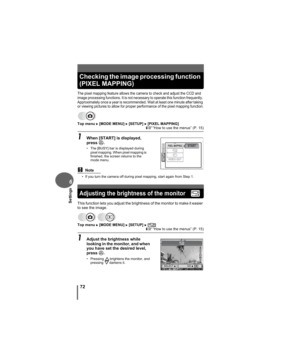 Adjusting the brightness of the monitor | Olympus D-630 Zoom User Manual | Page 72 / 134