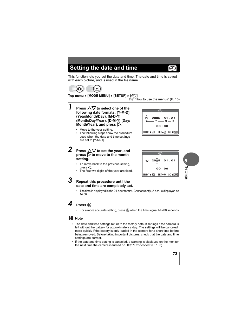 Setting the date and time | Olympus D-630 Zoom User Manual | Page 73 / 134