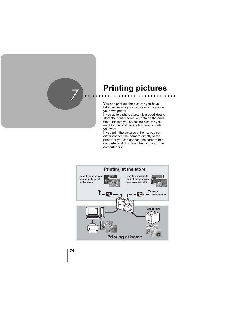 7 printing pictures, Printing pictures, P. 74 | Olympus D-630 Zoom User Manual | Page 74 / 134