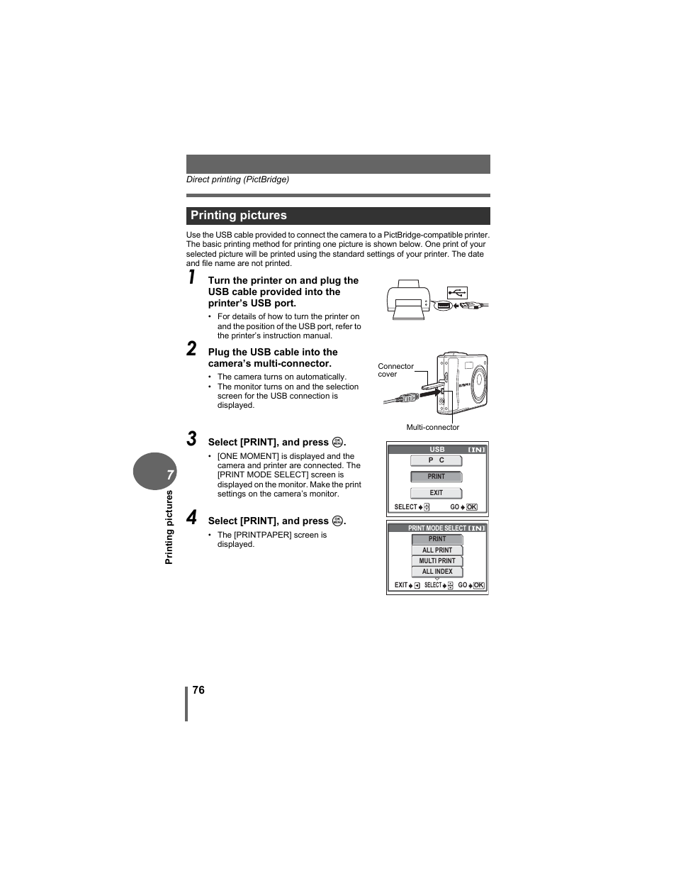 Printing pictures | Olympus D-630 Zoom User Manual | Page 76 / 134