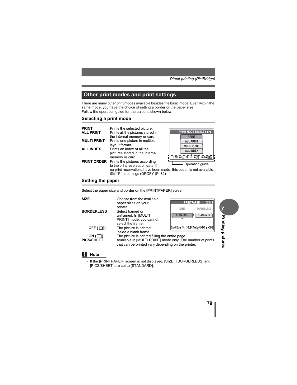 Other print modes and print settings | Olympus D-630 Zoom User Manual | Page 79 / 134