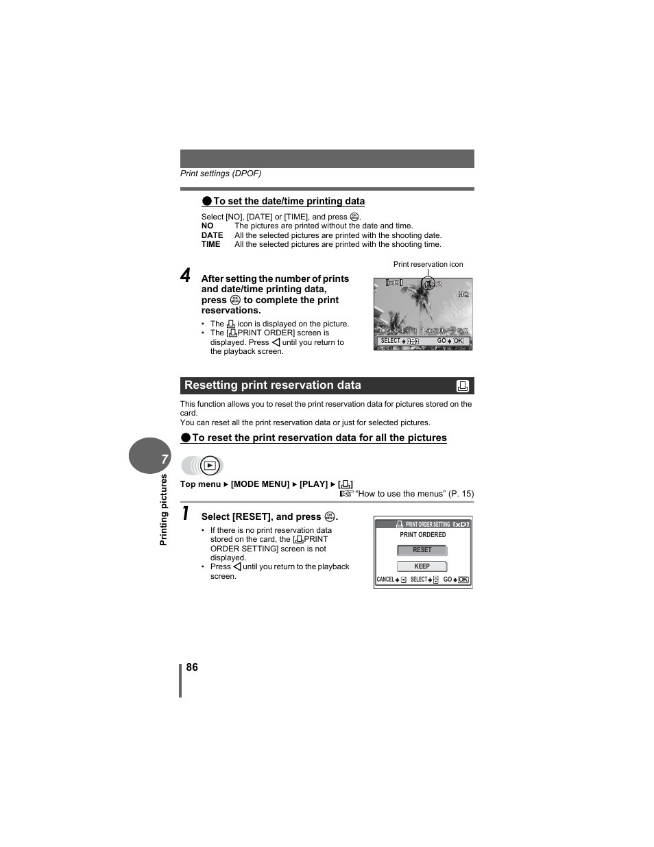 Resetting print reservation data | Olympus D-630 Zoom User Manual | Page 86 / 134