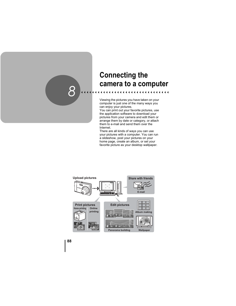 8 connecting the camera to a computer, Connecting the camera, To a computer | P. 88, Connecting the camera to a computer | Olympus D-630 Zoom User Manual | Page 88 / 134