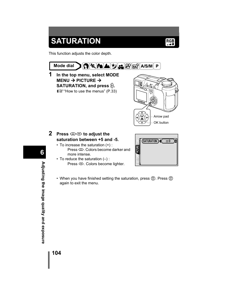 Saturation, P.104 | Olympus C-740-C-760 Ultra Zoom User Manual | Page 105 / 226