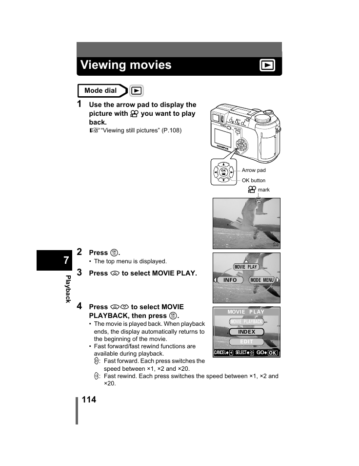 Viewing movies, P.114 | Olympus C-740-C-760 Ultra Zoom User Manual | Page 115 / 226