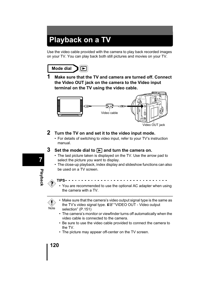 Playback on a tv, P.120 | Olympus C-740-C-760 Ultra Zoom User Manual | Page 121 / 226