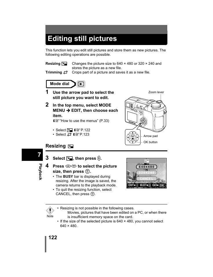Editing still pictures, Resizing, P.122 | Olympus C-740-C-760 Ultra Zoom User Manual | Page 123 / 226