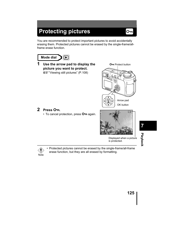 Protecting pictures, P.125 | Olympus C-740-C-760 Ultra Zoom User Manual | Page 126 / 226