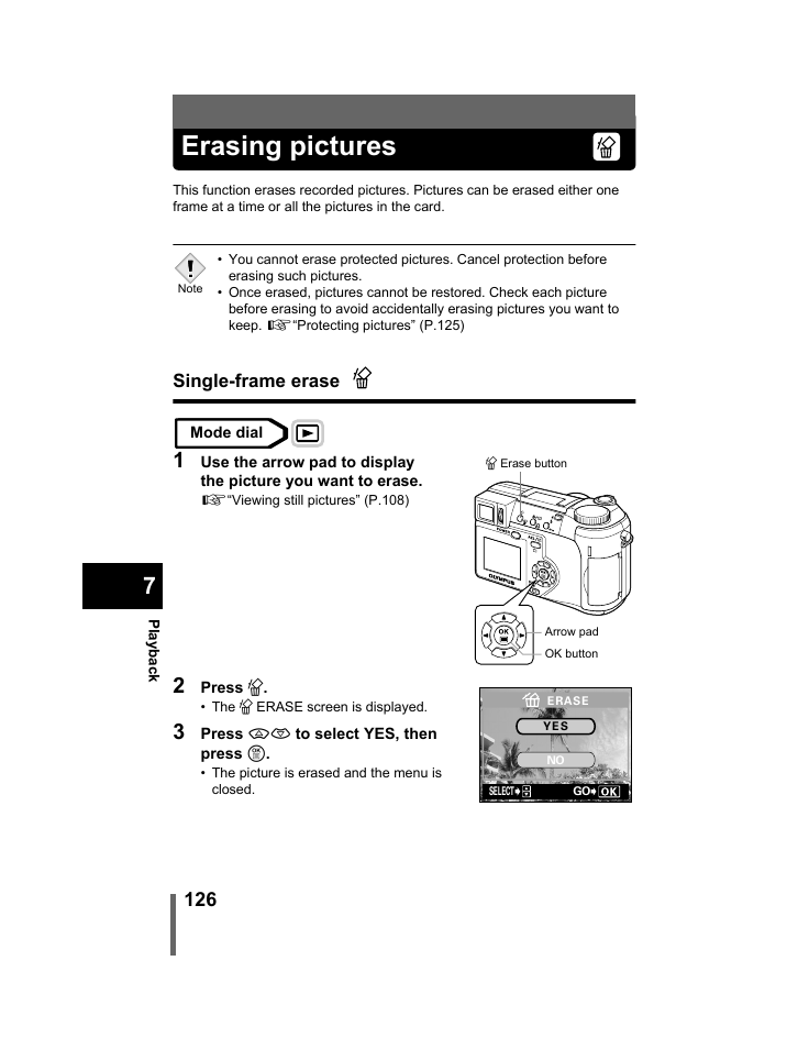 Erasing pictures, Single-frame erase, P.126 | Olympus C-740-C-760 Ultra Zoom User Manual | Page 127 / 226