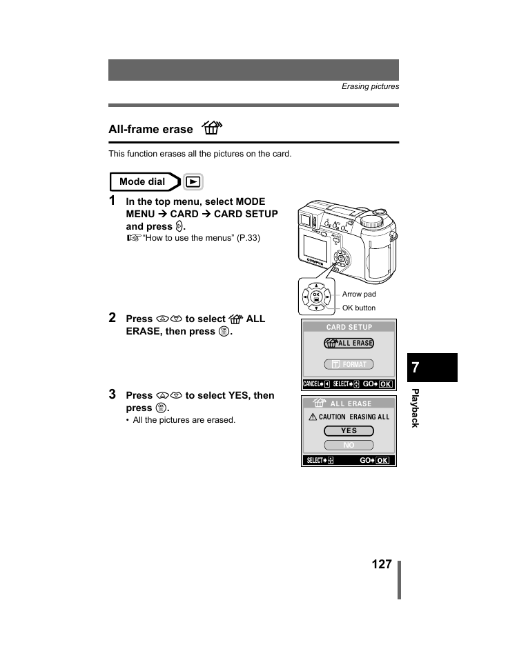 All-frame erase, P.127 | Olympus C-740-C-760 Ultra Zoom User Manual | Page 128 / 226