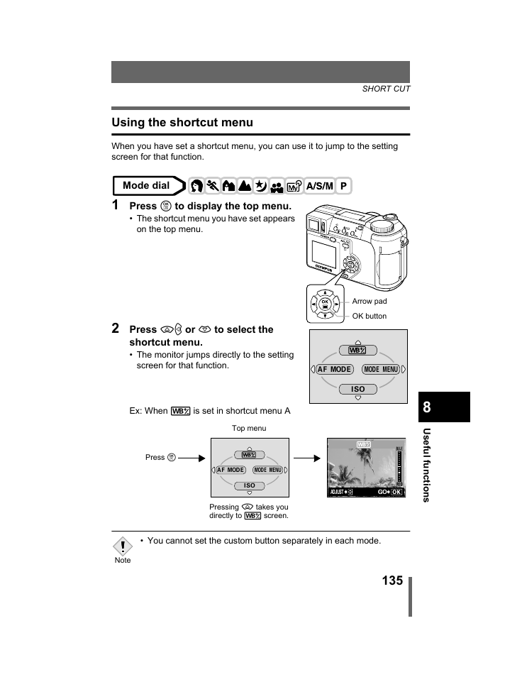 Using the shortcut menu | Olympus C-740-C-760 Ultra Zoom User Manual | Page 136 / 226