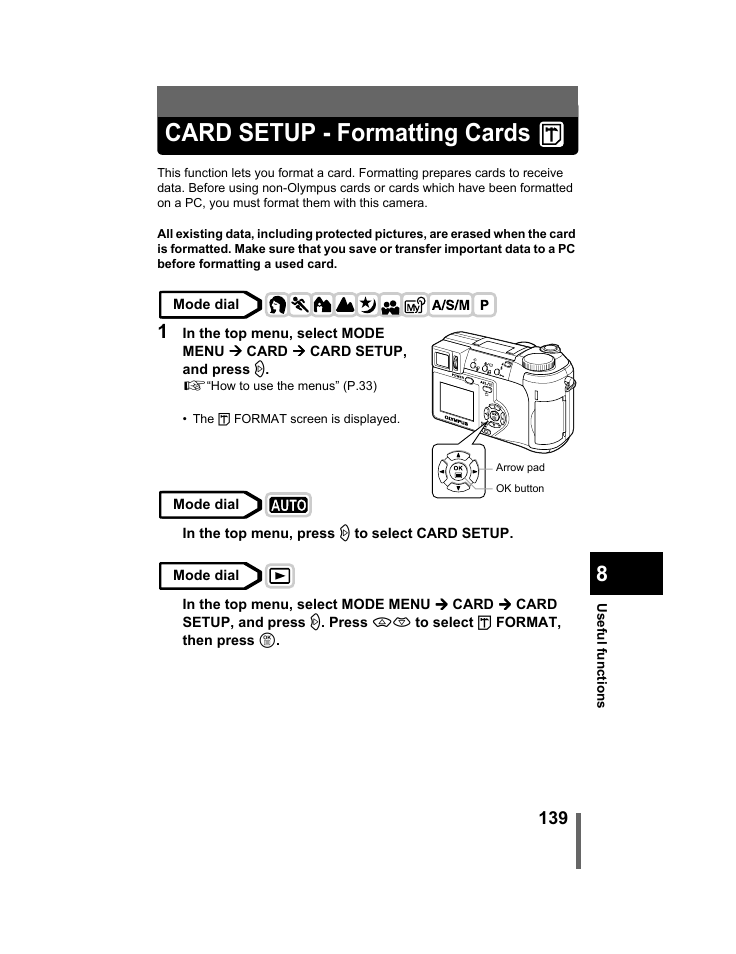 Card setup - formatting cards, P.139 | Olympus C-740-C-760 Ultra Zoom User Manual | Page 140 / 226