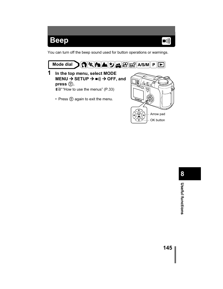 Beep, P.145 | Olympus C-740-C-760 Ultra Zoom User Manual | Page 146 / 226