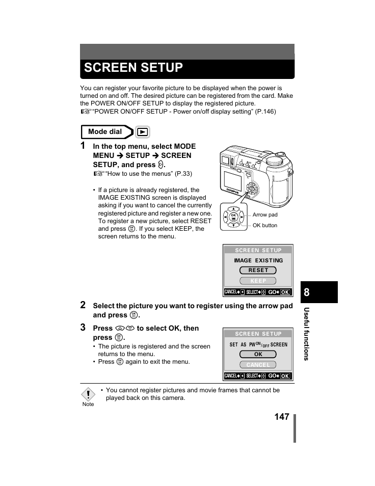 Screen setup, P.147 | Olympus C-740-C-760 Ultra Zoom User Manual | Page 148 / 226