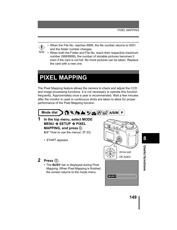 Pixel mapping, P.149 | Olympus C-740-C-760 Ultra Zoom User Manual | Page 150 / 226