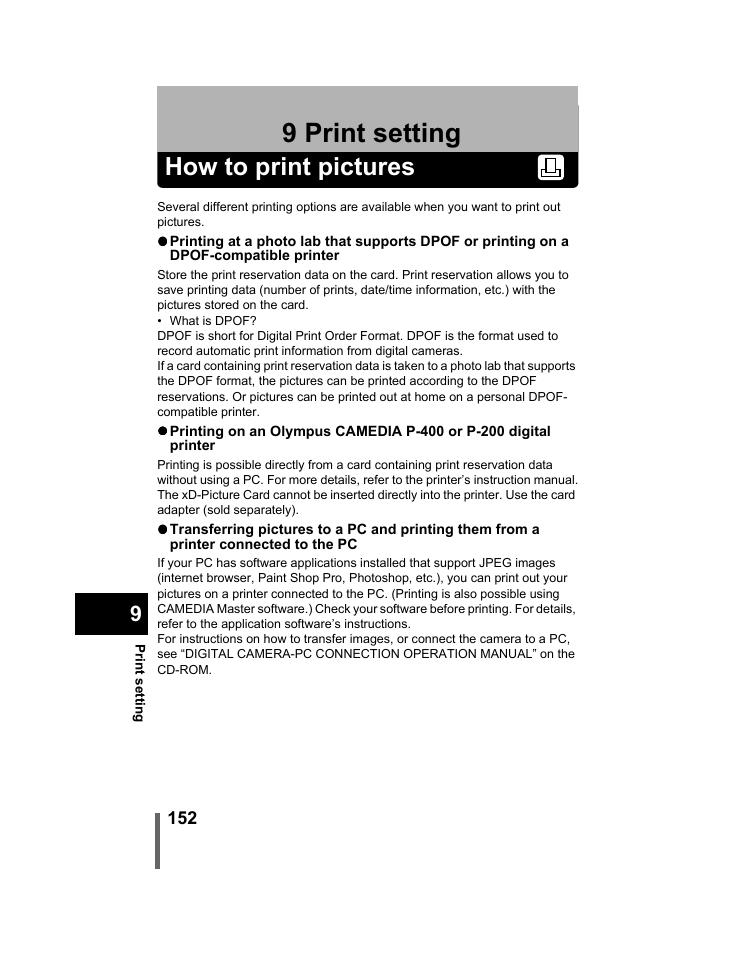 9 print setting, How to print pictures, Print setting | P.152 | Olympus C-740-C-760 Ultra Zoom User Manual | Page 153 / 226