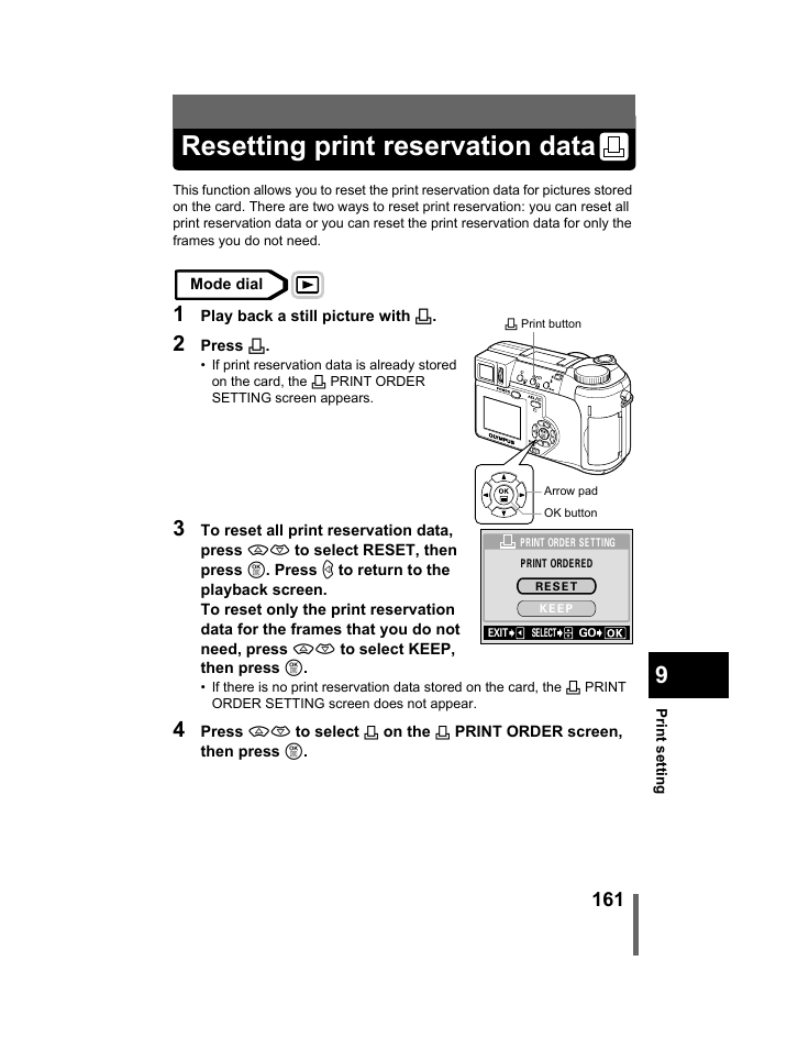 Resetting print reservation data | Olympus C-740-C-760 Ultra Zoom User Manual | Page 162 / 226