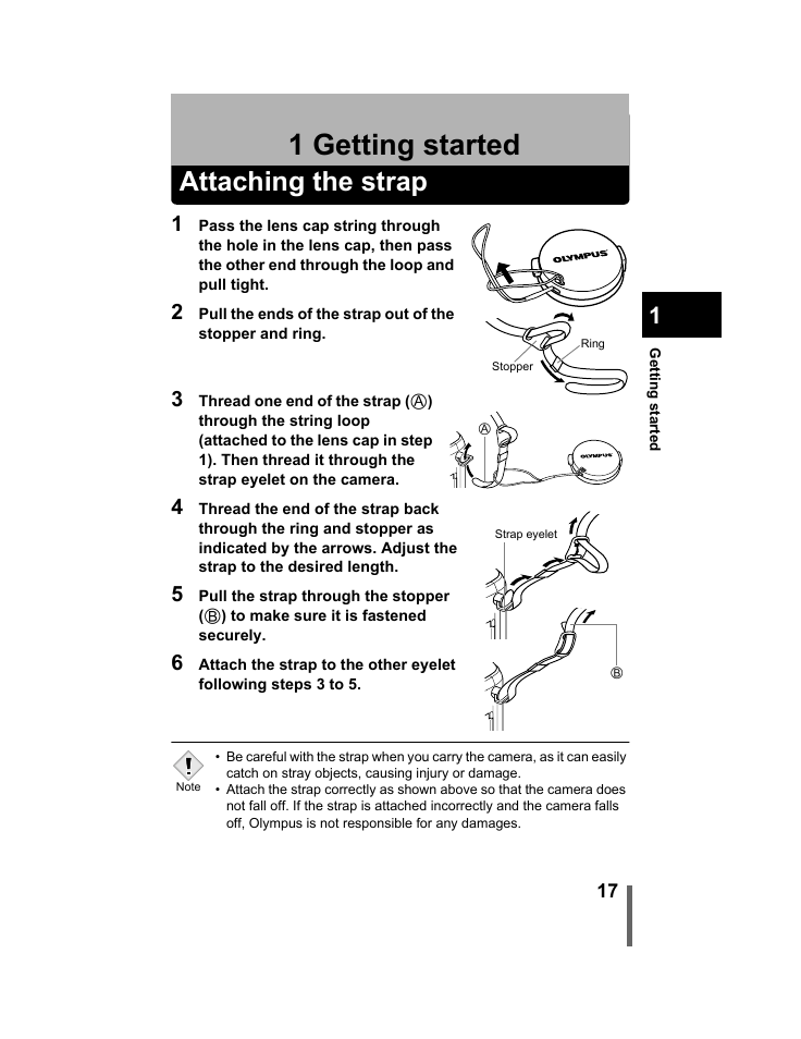 1 getting started, Attaching the strap, Getting started | P.17 | Olympus C-740-C-760 Ultra Zoom User Manual | Page 18 / 226