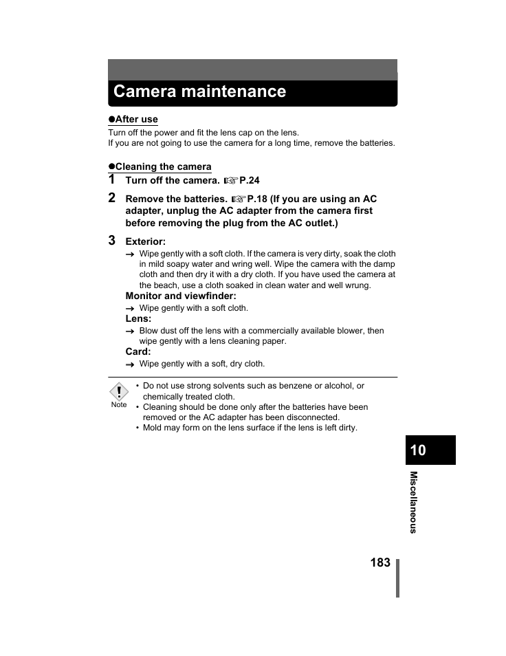 Camera maintenance, P.183 | Olympus C-740-C-760 Ultra Zoom User Manual | Page 184 / 226