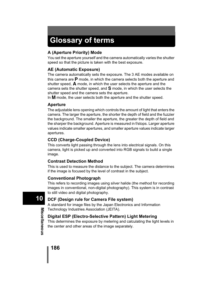 Glossary of terms, P.186 | Olympus C-740-C-760 Ultra Zoom User Manual | Page 187 / 226