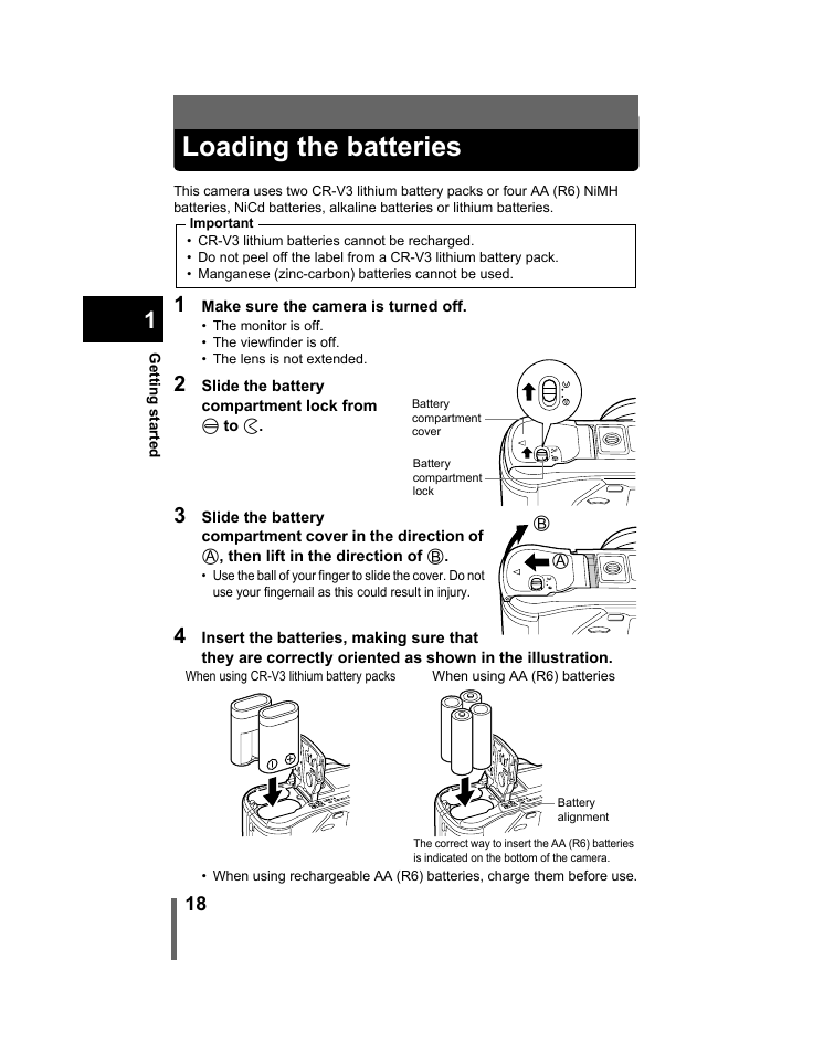 Loading the batteries, P.18 | Olympus C-740-C-760 Ultra Zoom User Manual | Page 19 / 226