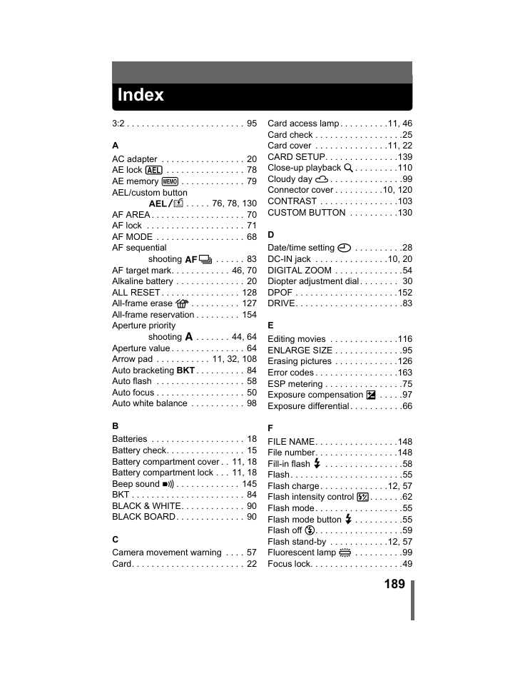 Index, P.189 | Olympus C-740-C-760 Ultra Zoom User Manual | Page 190 / 226