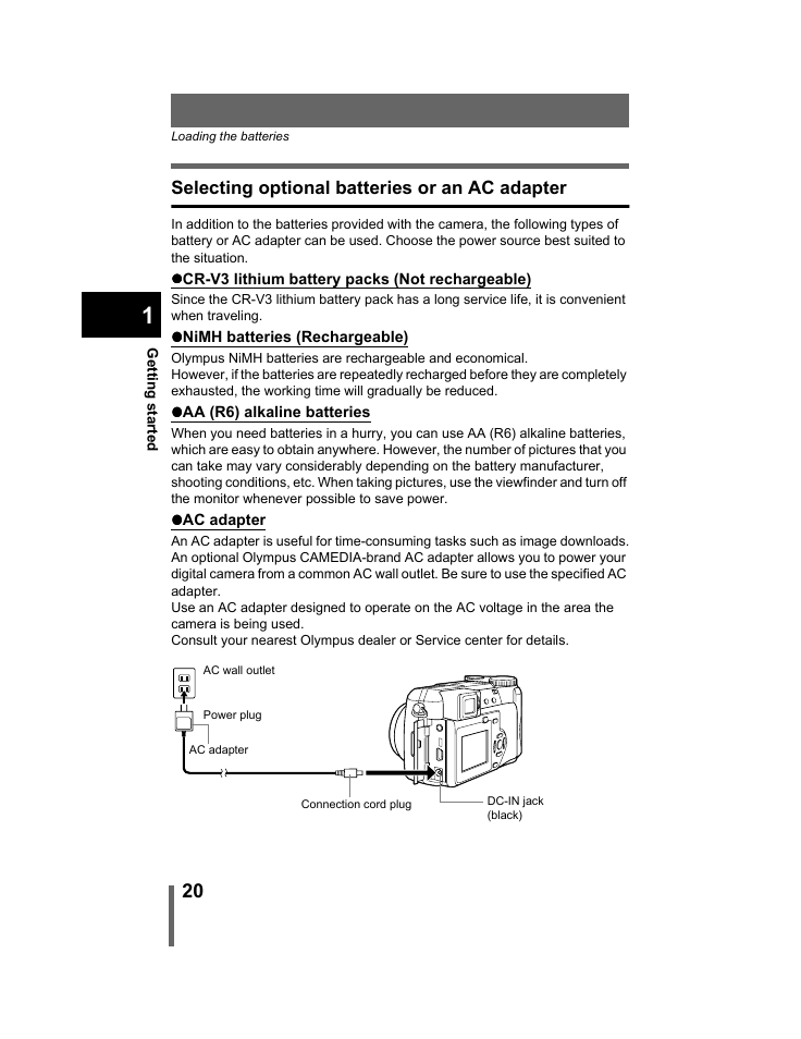 Selecting optional batteries or an ac adapter, P.20, P.20, 120 | Olympus C-740-C-760 Ultra Zoom User Manual | Page 21 / 226